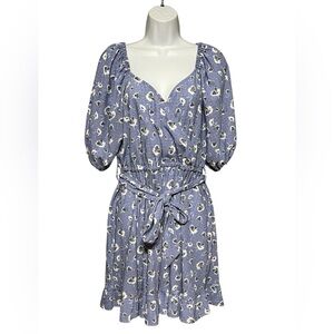 River Island Allover Floral Print Puff Sleeve Mini Dress Blue Combo